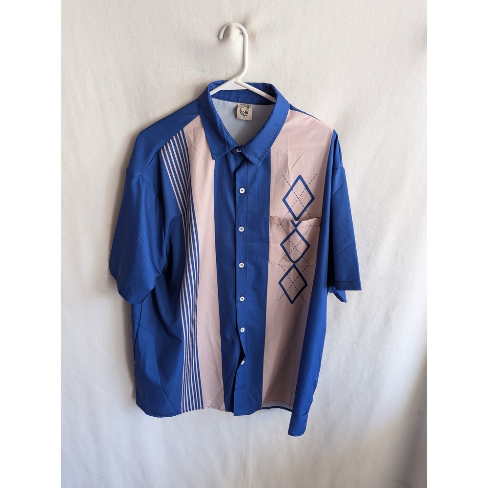 Hardaddy Mens XL Blue Tan Bowling Shirt Short Sleeve Retro Argyle Button Down